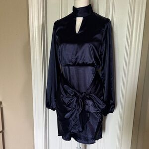 NWT GILLI Satin Navy Cutout mock Tie-Front Mini Dress SZ M pit2pit length 36”